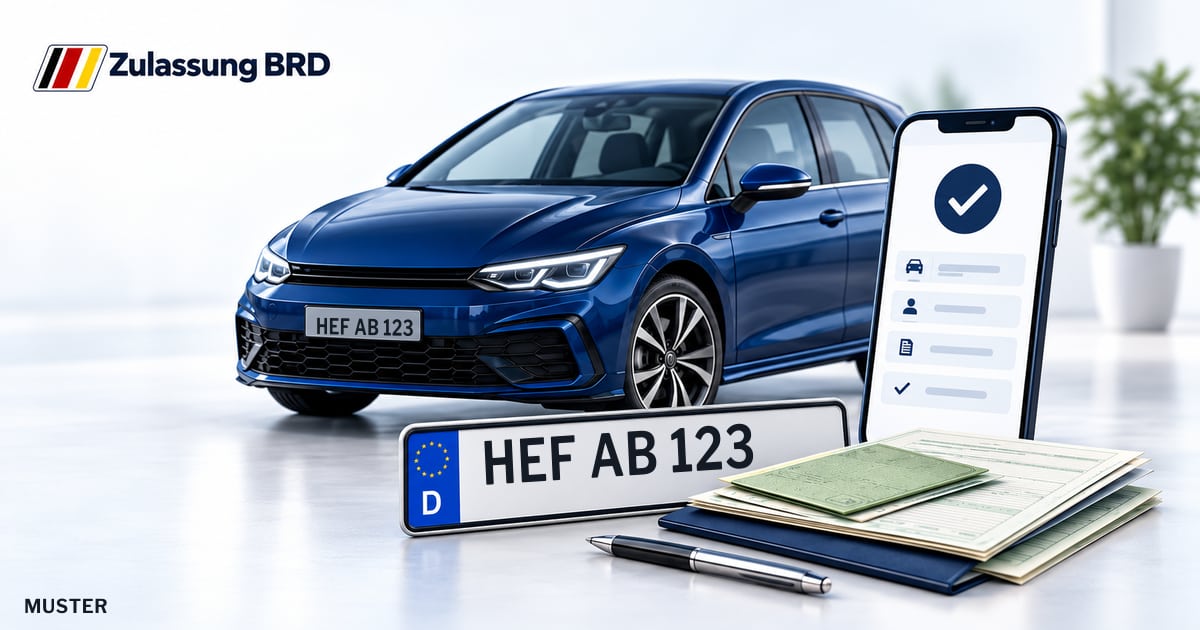 Online Fahrzeugzulassung in Bad Hersfeld: Musterkennzeichen HEF AB 123, Auto und Fahrzeugpapiere und Smartphone. Illustration mit Logo von Zulassung BRD.